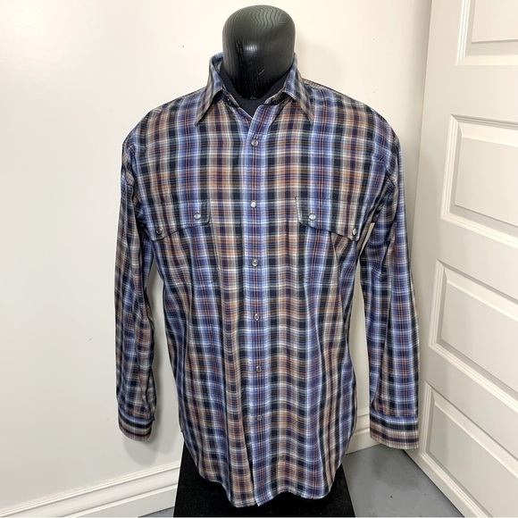 Leo Chevalier Design Western Plaid Button Up Shirt Clear Snap Sz M Blue Brown - Picture 5 of 10